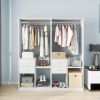 Wooden Closet System with 4 Drawers Storage Cabinet 2 Hanging Rails and Shelves Clothes Built-in Garment Rack Walk-in Closet Organizer for Bedroom Whi